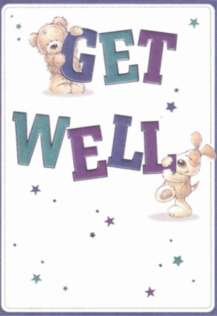 Infused with light, warmth, and playful encouragement, this get well card design is a visual embrace-as heartfelt as a bouquet arranged for a neighbour near Grove End Road in St John's Wood. The lovingly drawn teddy bear and floppy-eared puppy are depicted with expressive detail: the bear's plush texture and gentle eyes, the puppy's eager stance and soft, whimsical ears. Together, they interact with the words 'Get Well,' the letters bold and round, shaded in purples and teals that convey both calmness and strength. Sprinkled around them, twinkling stars in various blue and violet tones dance across the clean white background, reminiscent of the twilight skies over Regent's Park. The entire composition suggests the careful, nurturing hands of a seasoned florist, each element thoughtfully placed for maximum comfort and positivity. Like a fresh delivery from the local florist, this card becomes a celebration of resilience and community care, certain to bring a smile and sense of support to anyone in recovery across NW8.