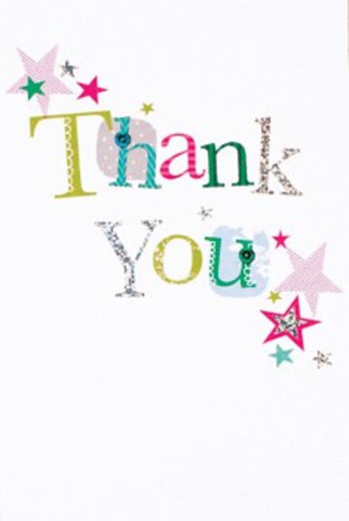 This thank you card exudes a quietly exuberant charm, its letters arranged with a sense of lively grace-some shaped whimsically with dots and soft, playful curves, others more refined and lyrical in form, echoing the cultural elegance that defines St John's Wood. Arranged nearby are clusters of bright stars, some shimmering with pink stripes, others glowing in turquoise and gleaming silver, as vibrant as the community spirit you'll find at St John's Wood's weekend markets. The composition is airy and modern, reminiscent of the open lawns of Regent's Park or the stylish simplicity inside Abbey Road studios. A gentle sprinkle of stardust animates the crisp white background, cultivating an atmosphere both uplifting and refined-never too formal, yet full of heartfelt intent. This card is a fitting companion to a thoughtfully arranged bouquet, its universal warmth equally suited for a close friend near Maida Vale or a kind neighbour by Avenue Road. Its design captures the spirit of appreciation and gentle sophistication found throughout St John's Wood, making your message of thanks shine as brightly as a fresh arrangement delivered just in time for a special moment.