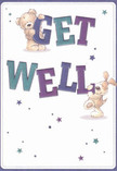 With uplifting charm, this get well card radiates gentle optimism, much like a hand-delivered bouquet from St John's Wood Florist brightening a friend's day on Wellington Place. In the centre, two lively companions-a cuddly teddy and a floppy-eared pup-seem to spring into action, as if bringing messages of comfort right from the heart of NW8. The bear steadies himself atop bold purple letters spelling 'GET,' while the puppy, eyes bright with affection, leans into the vibrant teal-hued 'WELL' beneath. Strewn across the clean white space, starbursts of blue and violet gleam with playful energy, their arrangement as uplifting as the first blooms of spring in Regent's Park. The bear's plush fur and the puppy's velvety coat are rendered in soft strokes, nearly tangible to the touch, echoing the feel of fresh petals in a hand-gathered bouquet. This scene gently assures the onlooker that even small gestures-a sweet card, a fragrant arrangement, or a kind word-are powerful acts of local care and encouragement.